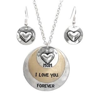 Mom I Love You Forever Heart Mixed Silver & Gold Long Necklace & Earrings Set